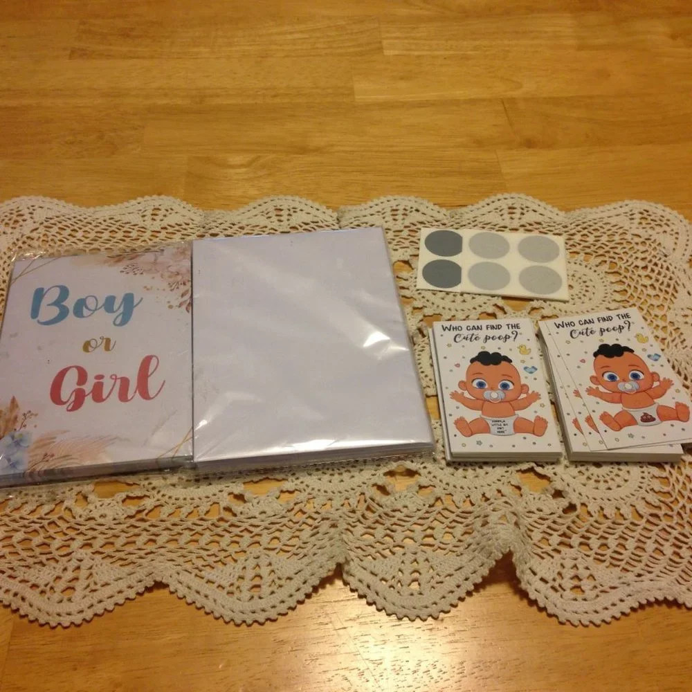 Cards for gender reveal party plus baby shower game